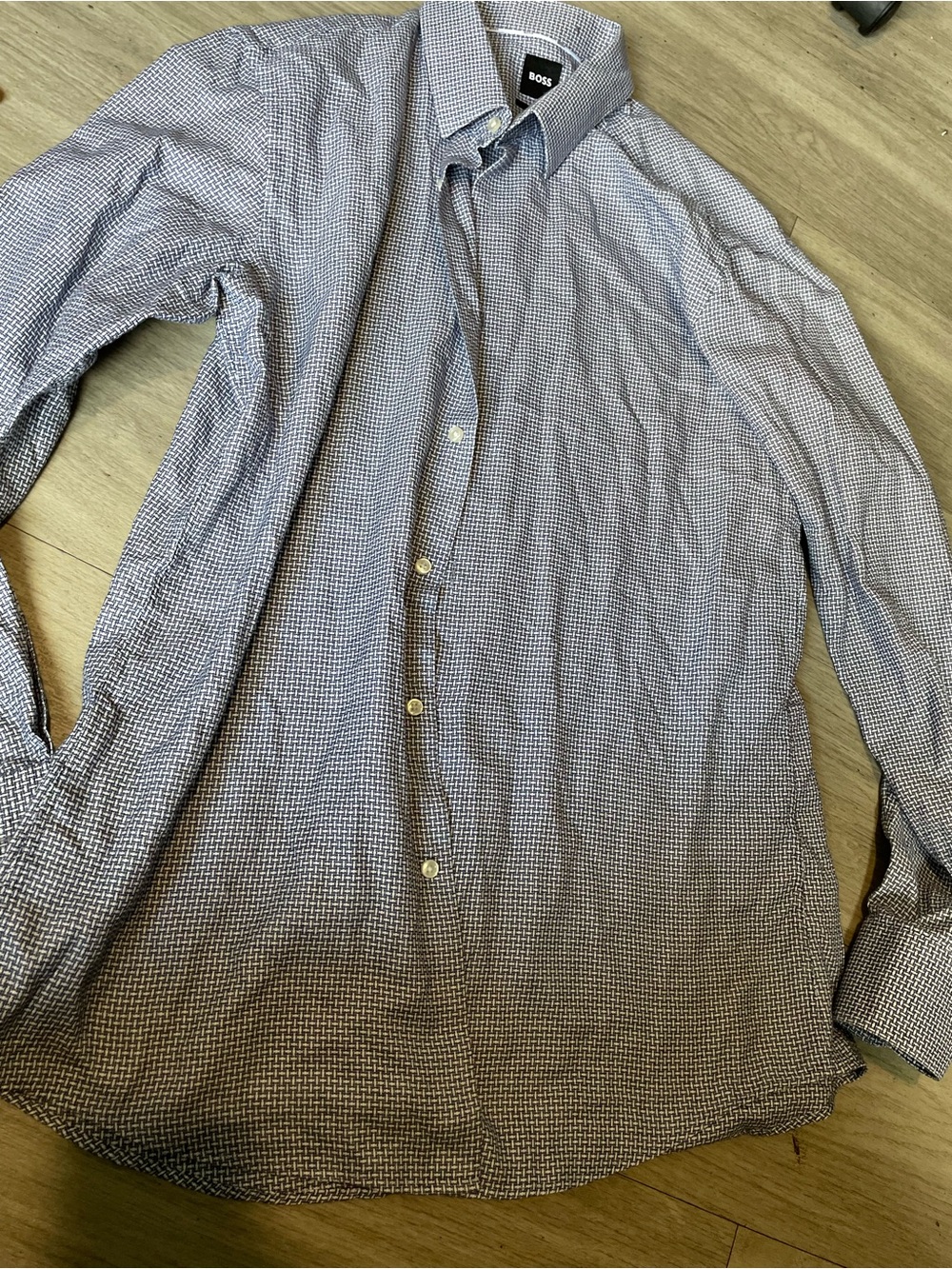 BOSS Men's Blue and White Micro-Check Dress Shirt